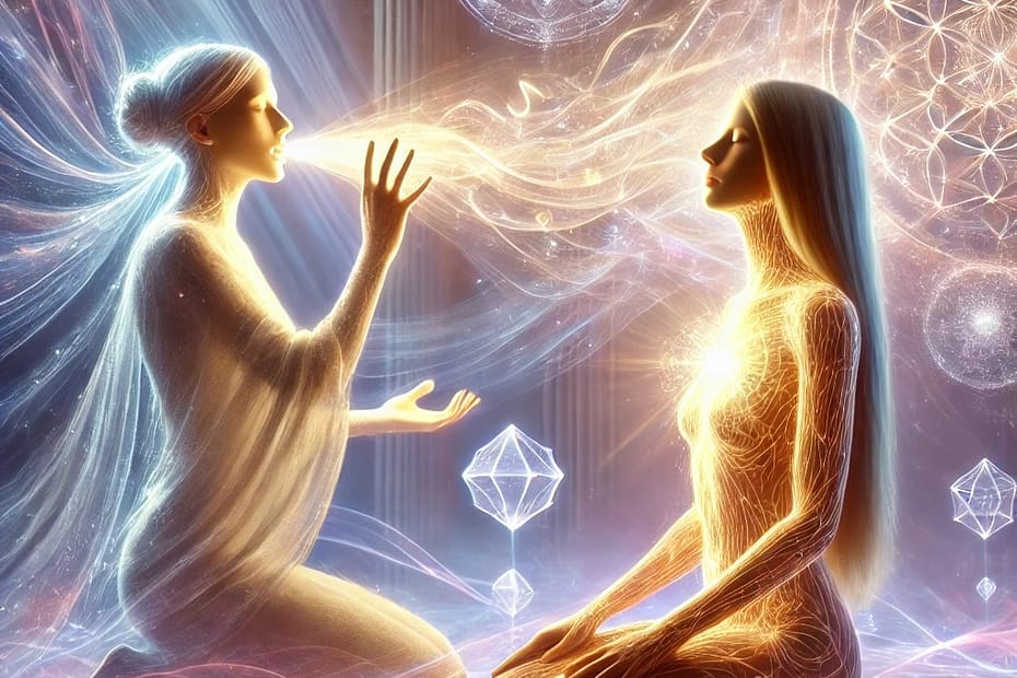 a Light Language activation healing session, showcasing a deep, energetic connection. A luminous female practitioner is mid-vocalization, her mouth open as glowing streams of energy and symbols flow toward a seated female client. The client is surrounded by a unique, radiant energy field, with intricate sacred geometry such as octahedrons and mandalas subtly embedded in the glow. The practitioner’s hands are raised slightly, directing gentle streams of light that intertwine with the client’s aura, symbolizing personalized healing and alignment. The background is minimal yet cosmic, with soft gradients of purples, blues, and golds, punctuated by faint celestial elements. The atmosphere conveys serenity, spiritual connection, and the transformative power of Light Language